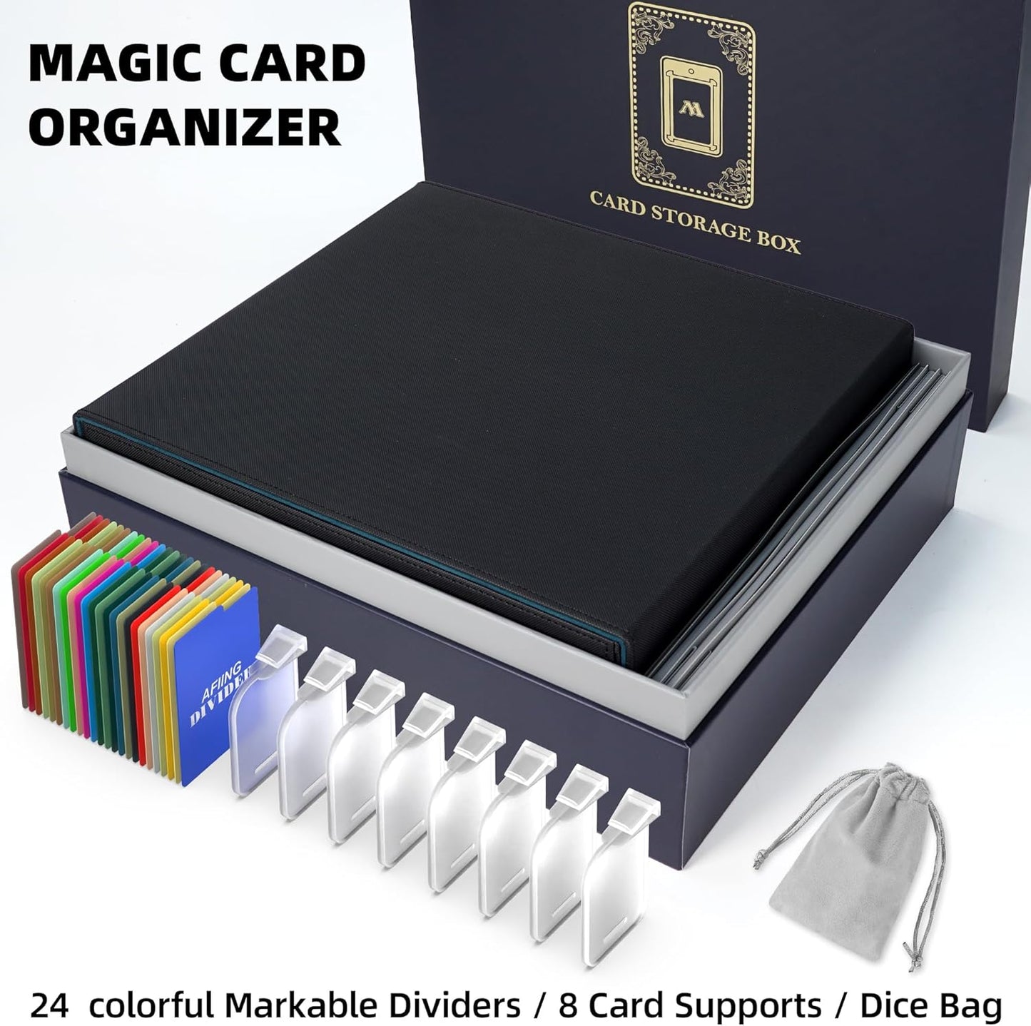 AFIING Trading Card Storage Box 6000+ Capacity – DIY Toploader Case w/ 24 Dividers & 8 Supports, Fits 3x4 Rigid Card,Deck Box for MTG TCG Sports Cards– Black & Cyan