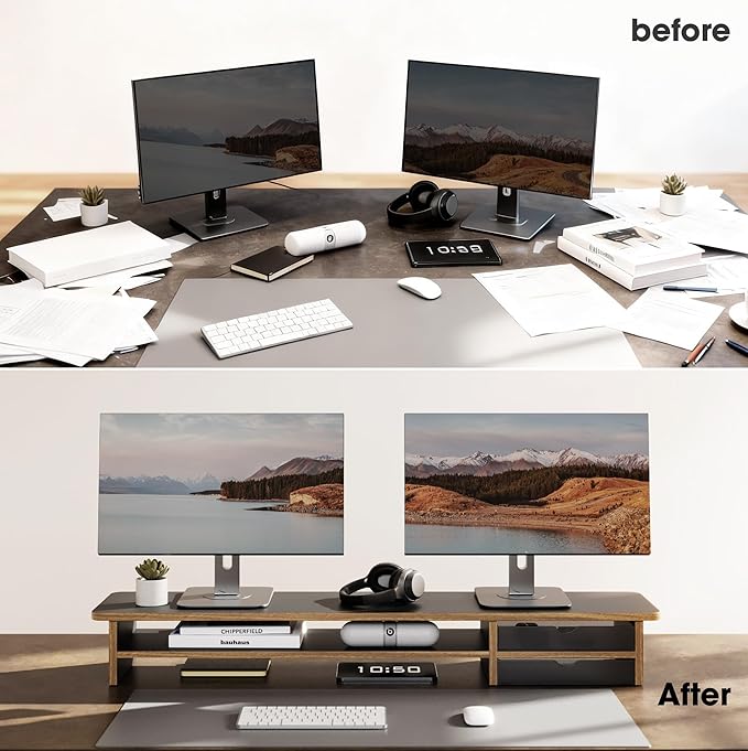 Fenge Monitor Stand, Dual Monitor Riser, 42.5inch Large Desk Computer Monitor Stand Riser with Drawer, 2 Tier Wood & Acrylic Desktop Organizer with Cable Management