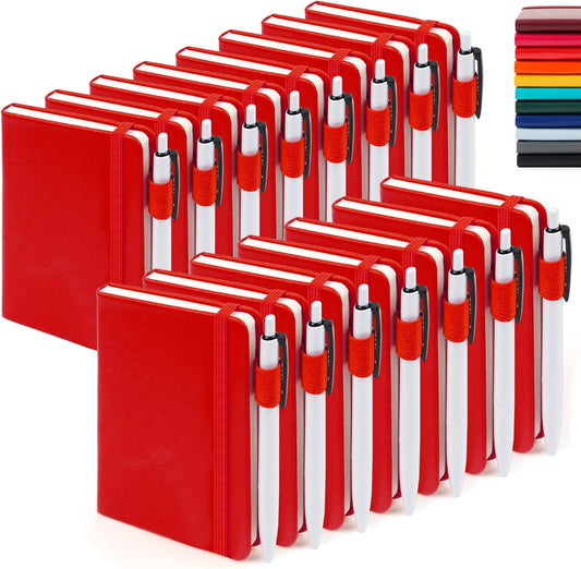 feela 15 Pack Pocket Small Notebooks Bulk, Mini Cute Notepads Hardcover College Ruled Lined Journals with Pen Holder for School Business Memos, with 15 Black Pens, 3.5”x 5.5”, A6, Red