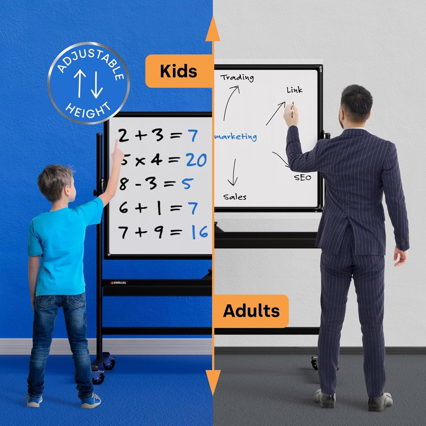 Rolling Dry Erase Board 46 x 32 - Large Portable Magnetic Whiteboard with Stand - Double Sided Easel Style Whiteboard with Wheels - Mobile Standing White Board for Office, Classroom & Home