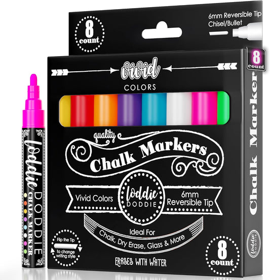 Loddie Doddie Liquid Chalk Markers - 8-Pack, 6mm Reversible Chisel & Bullet Tips - Erasable Neon Pens for Blackboard or Chalkboard - Chalk Markers for Blackboard