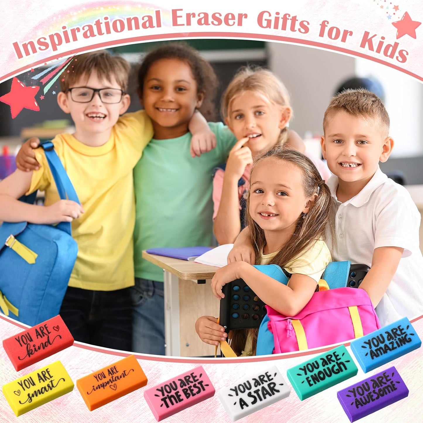 PerKoop 50 Pcs Inspirational Erasers Bulk Back to School Gifts Colorful Motivational Pencil Erasers for Kids First Day of School Favors for Students Teachers Classroom Office Supplies