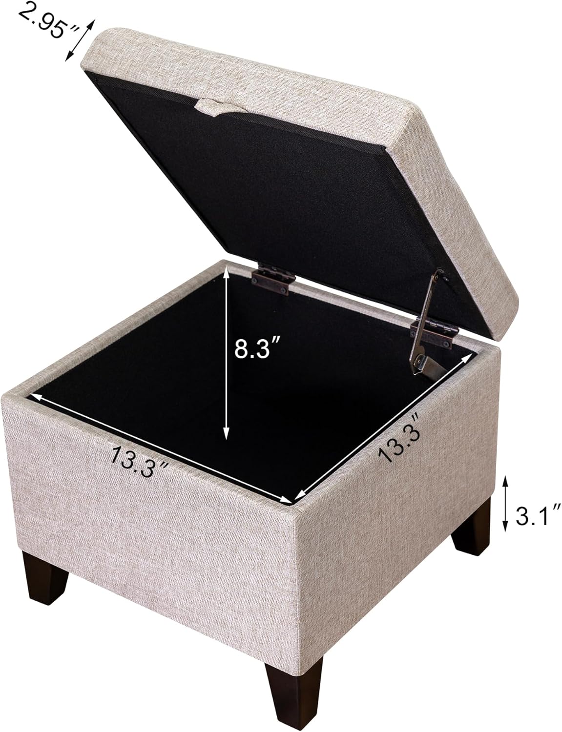 Adeco 18 Inch High Cube Ottoman Storage, Linen Chair Foot Stools, Upholstered Vanity Stool with Hinged Lid, Solid Wood Legs (Beige Grey)