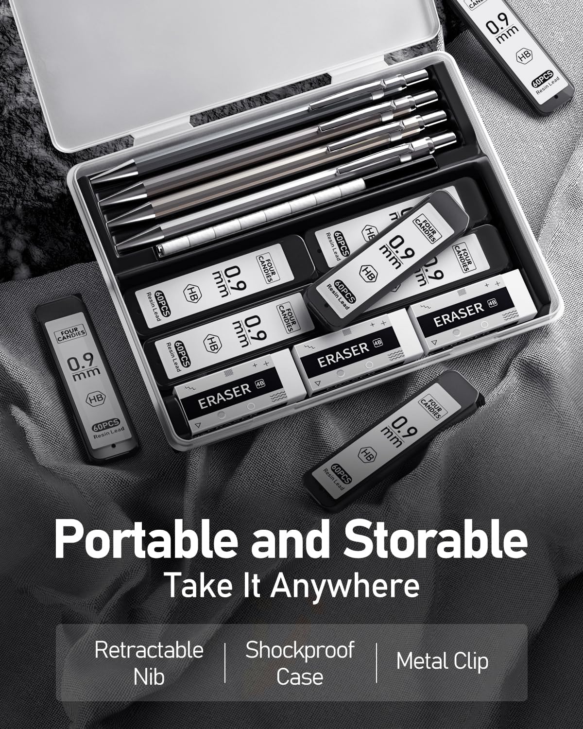 Four Candies 0.9mm Metal Mechanical Pencil Set with Case - 4PCS Fancy Mechanical Pencils, 8 Tubes HB #2 Lead Refills, 3PCS 4B Erasers and 9PCS Eraser Refills, Led Pencils Mechanical for Writing