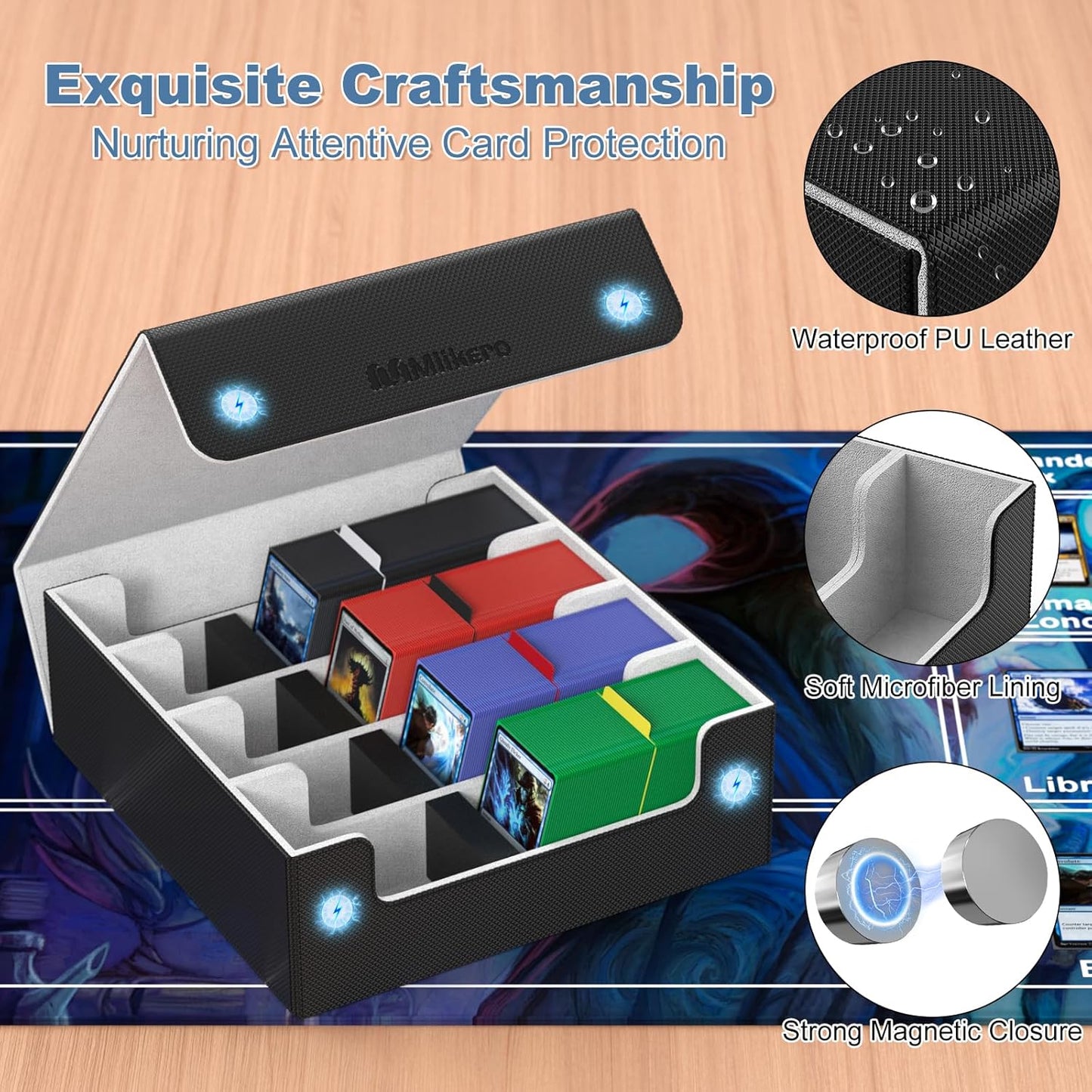 Mlikero Card Deck Case, 2400+ Trading Card Storage Box with 10 Colorful Dividers and 4 Foam Stoppers, Leather Magnetic Closure Commander Deck Box Fit for MTG, TCG (4 Rows, Black&Grey)