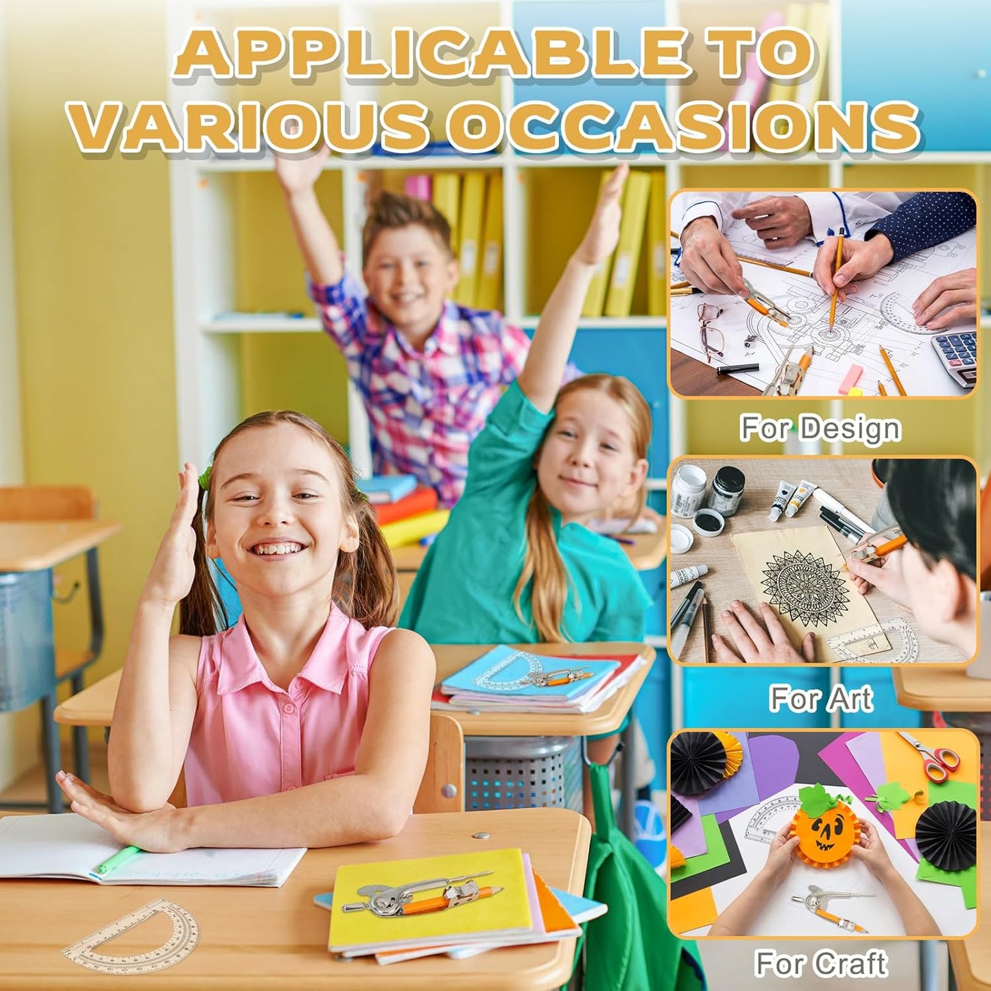 2 Pack Geometry Tool Set, Math Compass for Geometry and 6 Inch Protractor Set Include Metal Compass with Pencil and Clear Plastic Protractor for Student Classroom Office Woodworking Art Drawing