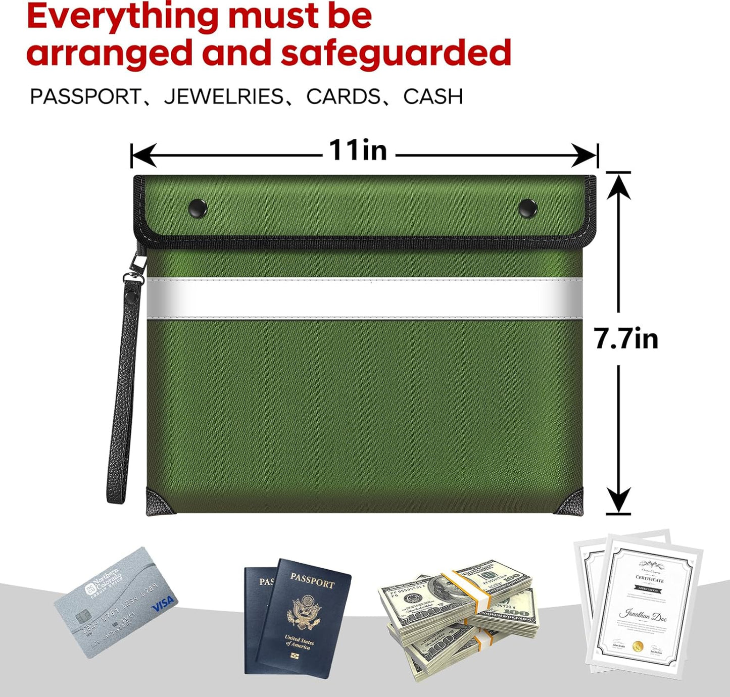 Upgraded Fireproof Document Bag 5200°F Heat Insulated,11"x7.7"Waterproof Fireproof Money Bag with Water-resistant Zipper,Fireproof Envelopes for Documents,Cash,Valuables(Green)