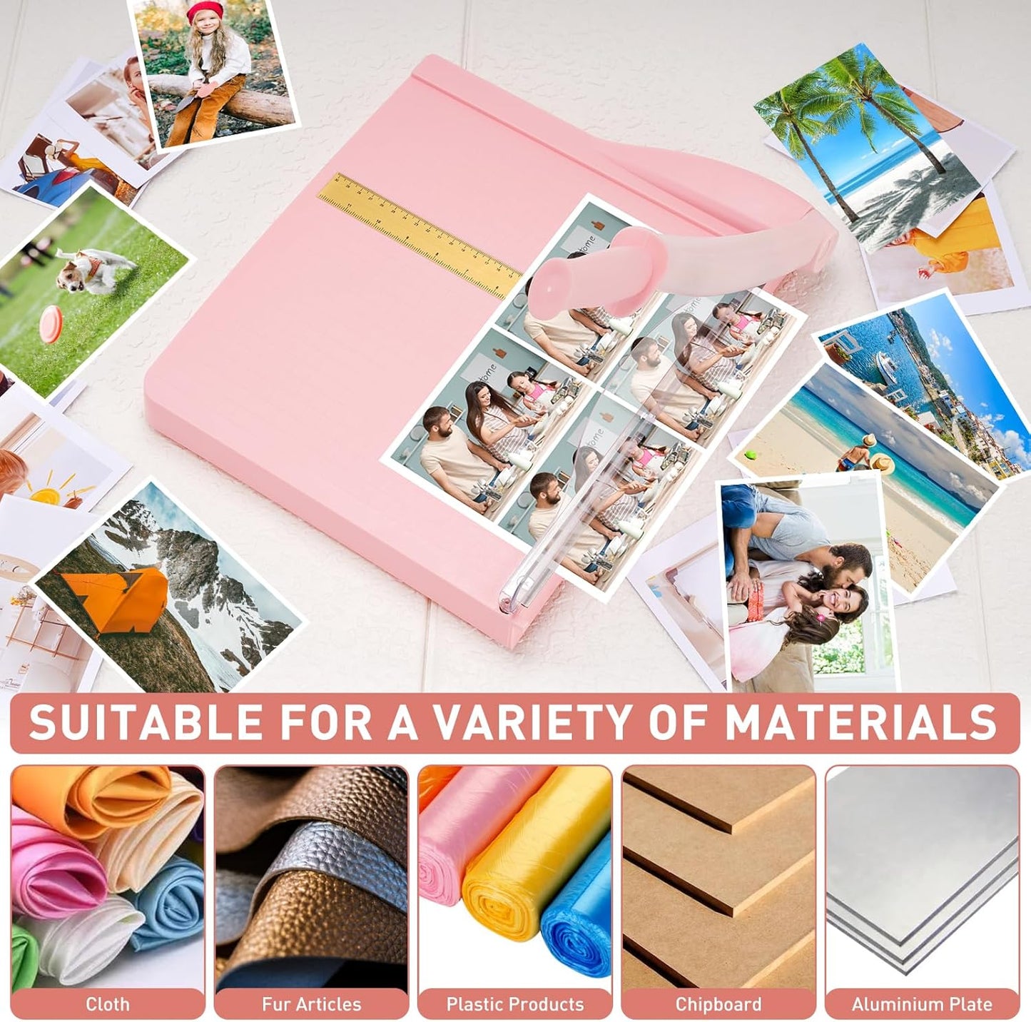 Paper Cutter, Paper Slicer with Safety Guard and Blade Lock, 12" Cut Length Guillotine Paper Cutter with 16 Sheet Capacity, Paper Cutters and Trimmers for Cardstock Cardboard (Pink)