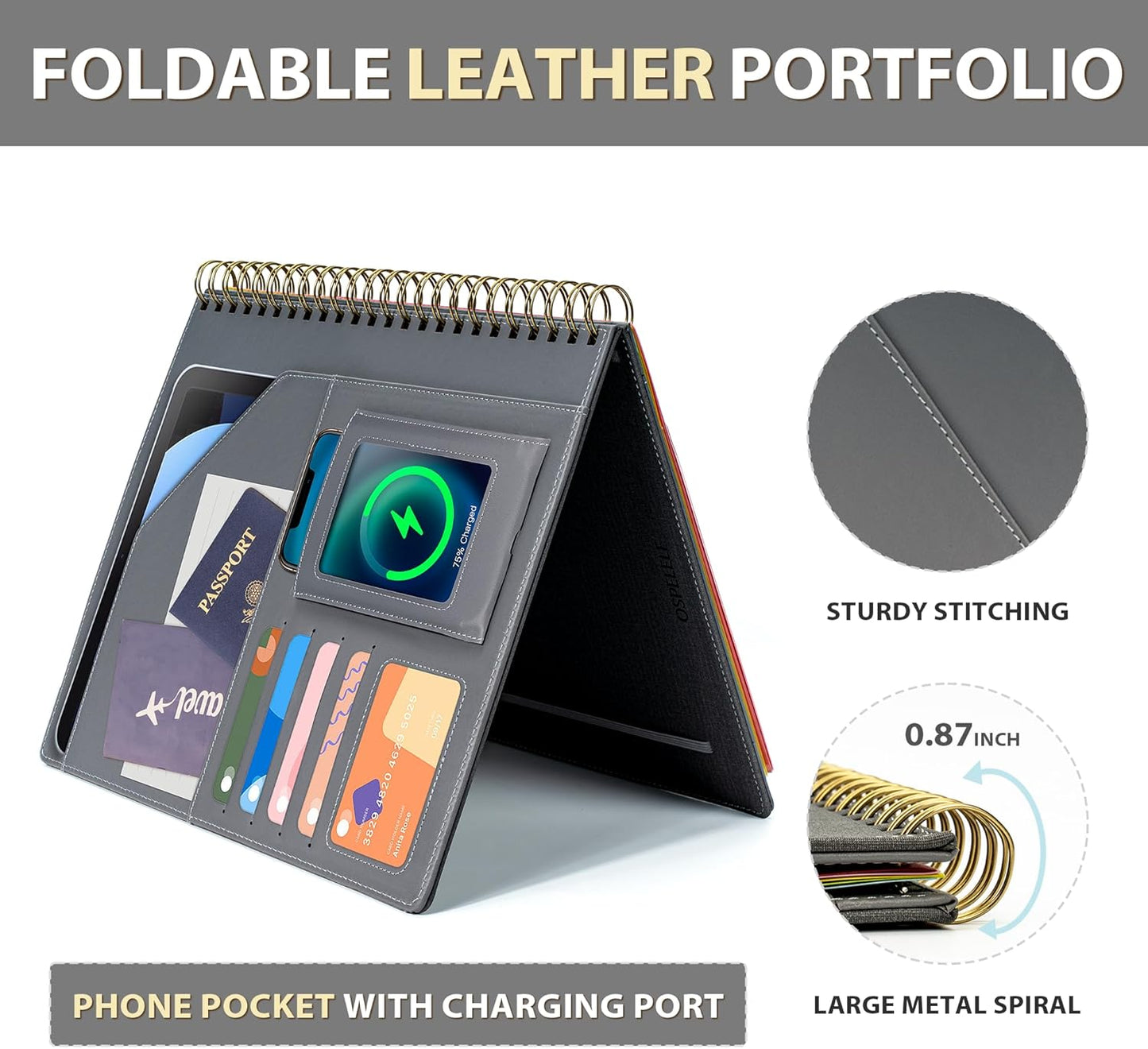 Clipboard with Storage for Men Women, Leather Padfolio Portfolio Organizer 5 Folders with 10 Pockets, Spiral Clipboard Folio with Notepad for Letter Size, Elastic Closure and Pen Loop Grey