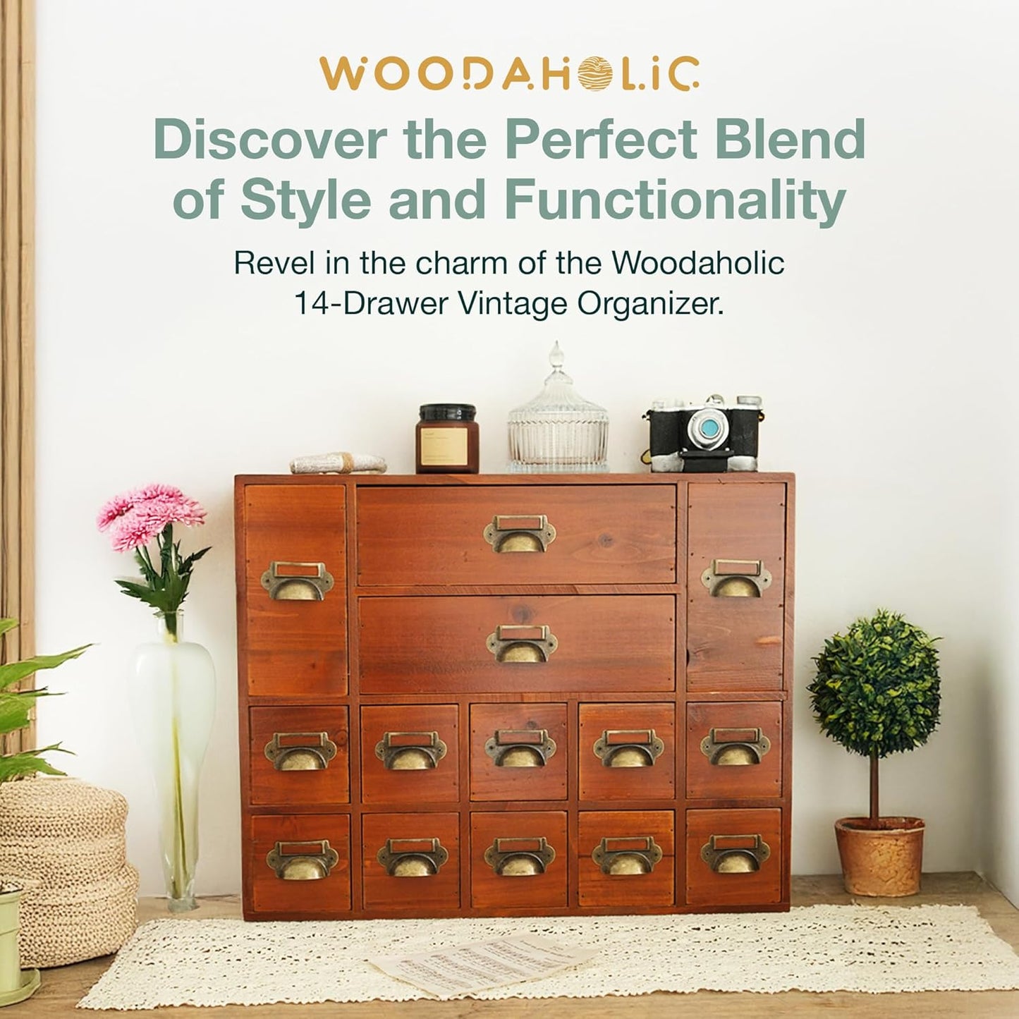 14-Drawer Apothecary Cabinet - Index Card Organizer - Miniature Chest of Drawers - Brass Handle Organizer - Kids' Arts and Crafts Storage - Wooden Desktop Drawer Organizer