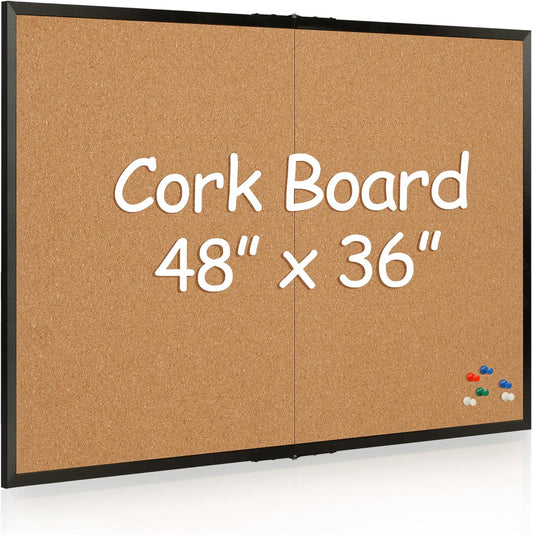 Board2by Cork Board Bulletin Board 36 x 48, Black Wood Framed 4x3 Corkboard, Foldable Office Board for Wall Decor, Large Wall Mounted Notice Pin Board with 36 Push Pins for School, Home & Office