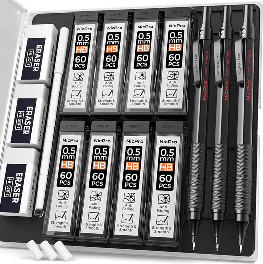 Nicpro 0.5 mm Mechanical Pencils Set with Case, 3 Metal Artist Pencil With 480PCS HB Lead Refills, 3 Erasers,9 Eraser Refills For Architect Art Writing Drafting, Drawing, Engineering, Sketching, Black