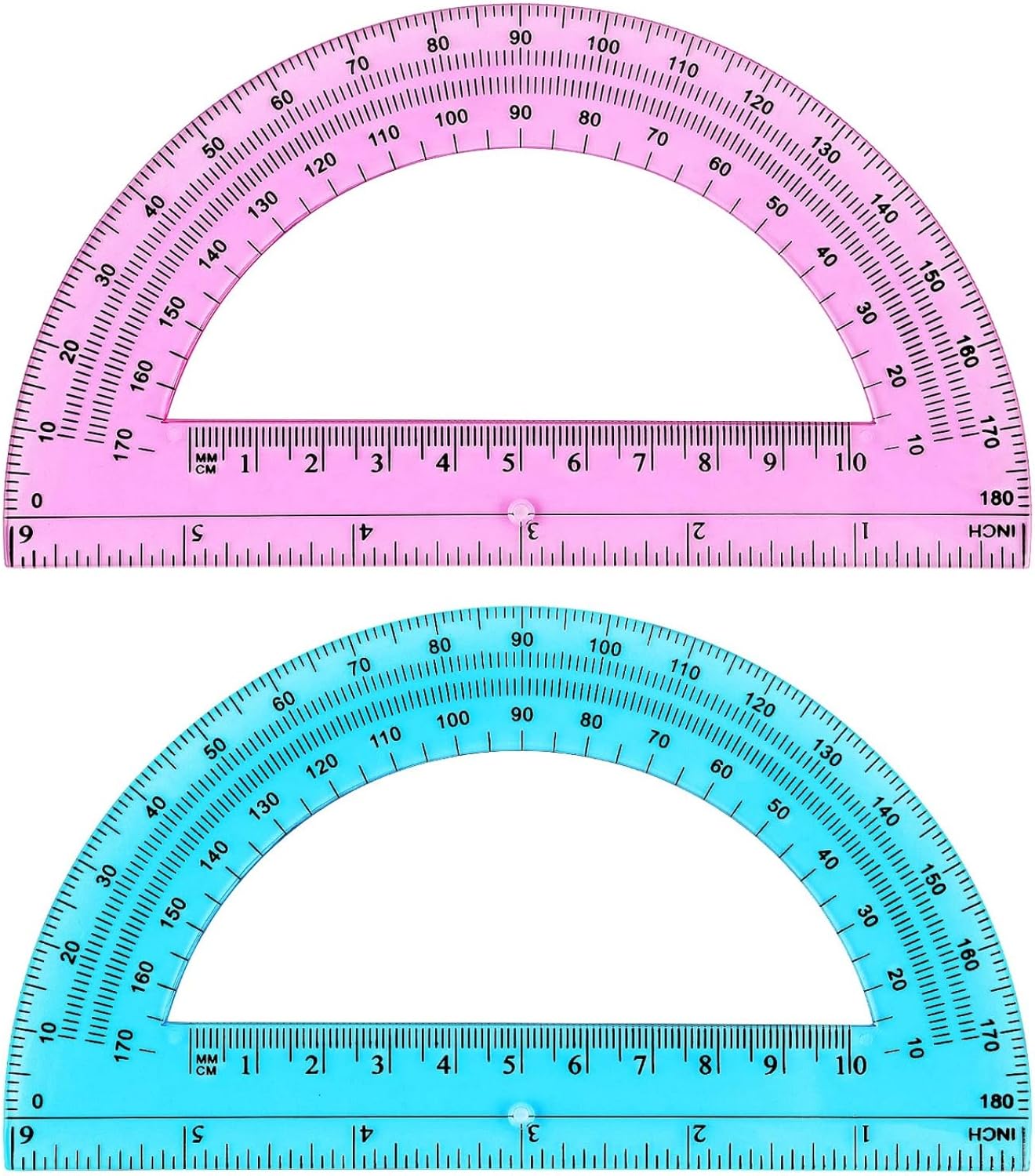 Zonon 2 Pcs 6 Inch Plastic Protractor Math Protractors 180 Degrees Angle Measurement, Translucent for Geometry Classroom Kid Student School Office Supplies(Pink, Blue)