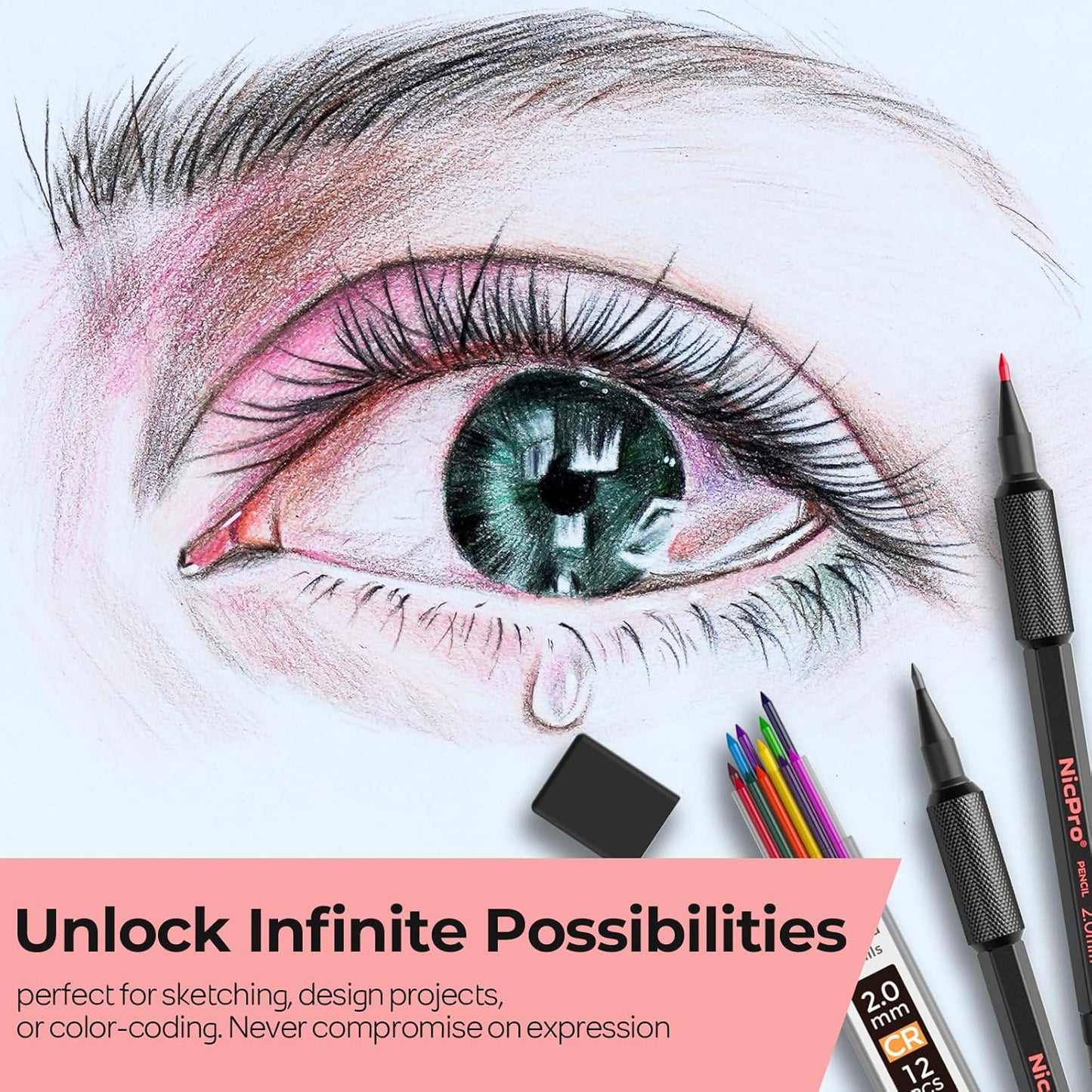 Nicpro Metal Mechanical Pencil Set, 3PCS Art Drafting Pencil 0.5, 0.7, 0.9MM & 2PCS 2MM Mechanical Drawing Pencils with 126 Lead(4B 2B HB 2H 4H Color) Weatherproof Barrel for Writing Sketching Drawing