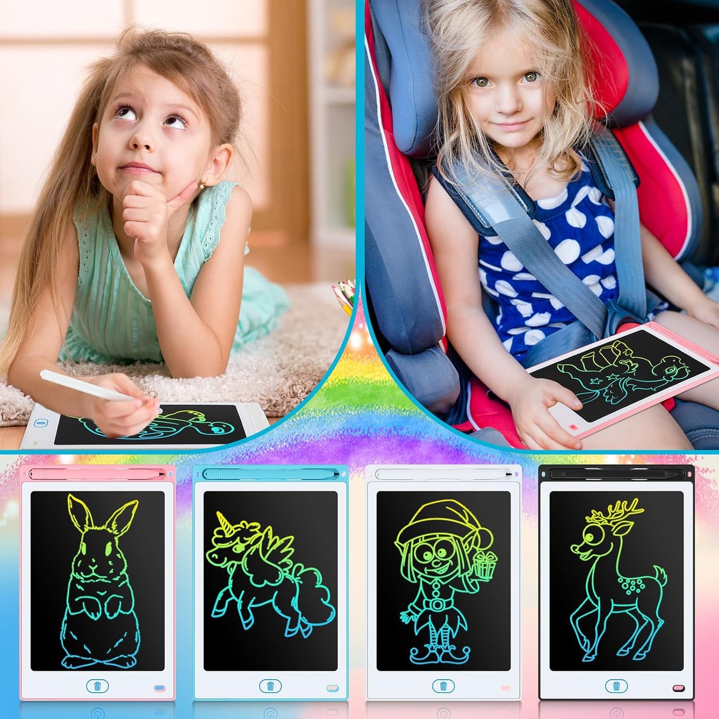 Tinlade 12 Pack LCD Writing Drawing Tablets 8.5 Inch Bulk Colorful Doodle Board Erasable Electronic Painting Drawing Pads Learning Toy Gifts for Kids Christmas School(Pink, Blue, White, Black)