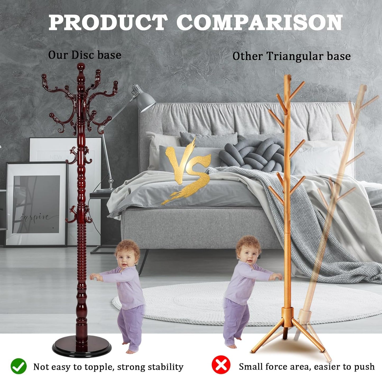 Coat Racks Free Standing with 14 Hooks, Natural Wood Coat Rack with Solid Round Base, Adjustable Height Coat Racks, Easy Assembly for Hallway, Bedroom and Office (Reddish brown)