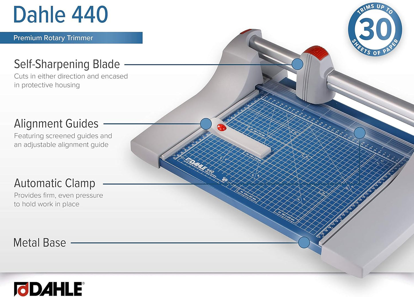 Dahle 440 Premium Rotary Trimmer, 14" Cut Length, 30 Sheet Capacity, Self-Sharpening, Automatic Clamp, German Engineered Paper Cutter