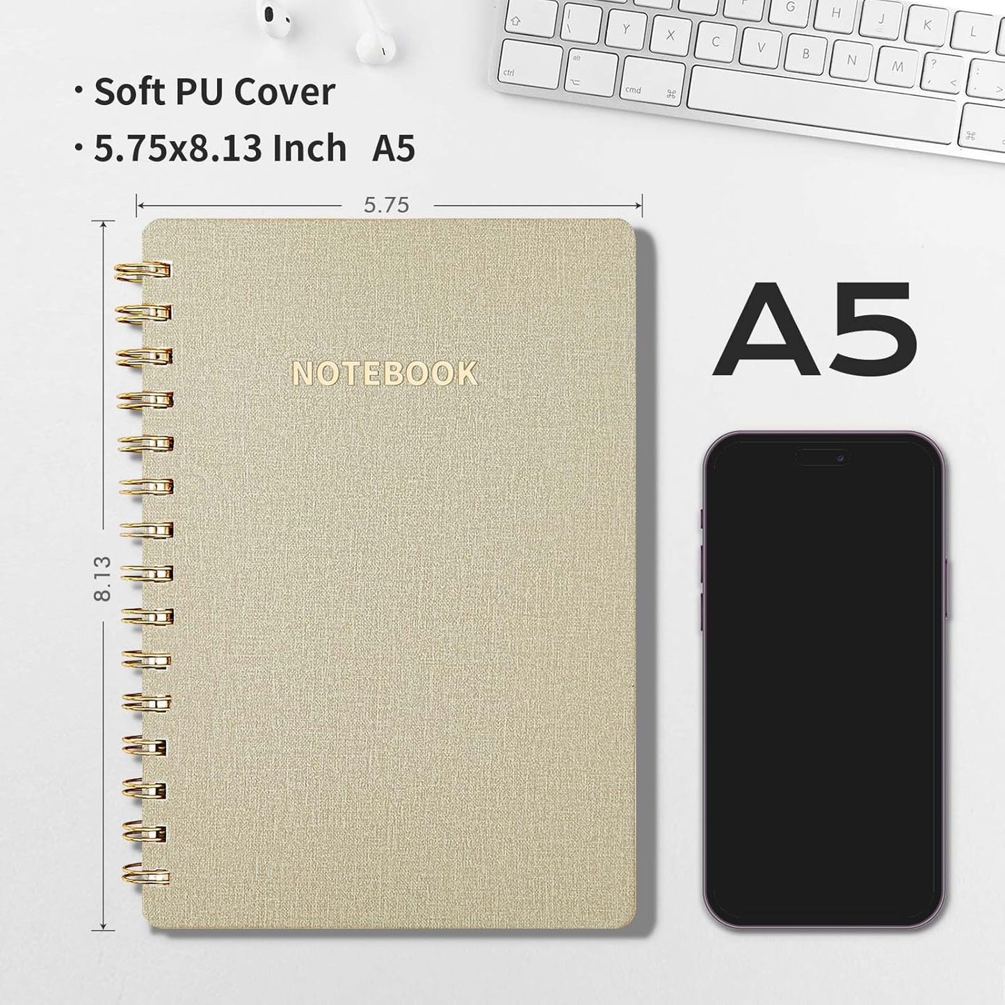 Lined Spiral Notebook College Ruled A5 Journal Book for Note Taking, 160 Pages Writing Journal for Office and Home School Supplies 5.75x8.125 inch (0LightGrey)