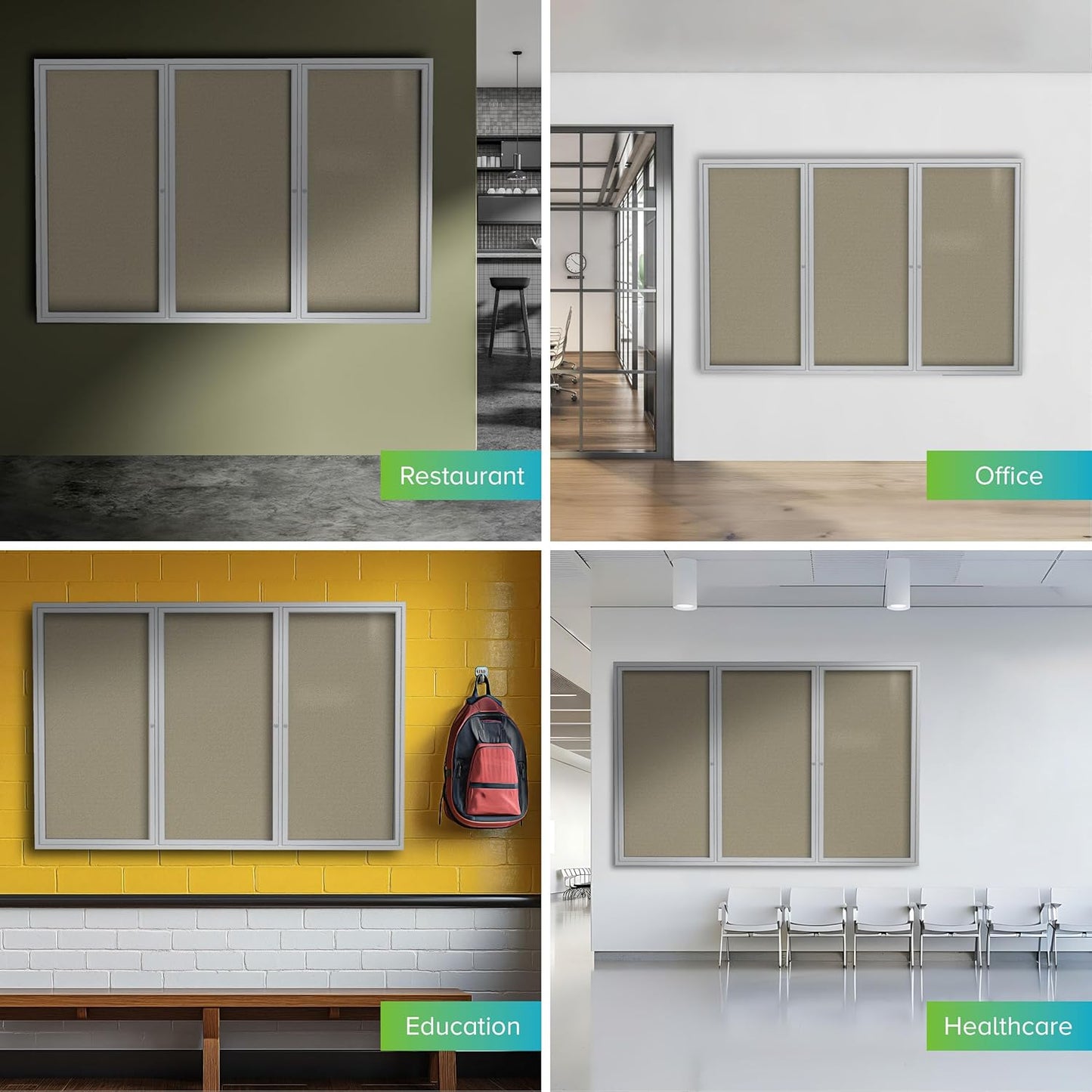 Ghent 36" x 72" 3-Door Outdoor Enclosed Bulletin Board with Lock, Vinyl Material, Shatter Resistant Acrylic Panels, Made in the USA, Satin Aluminum Frame - Caramel