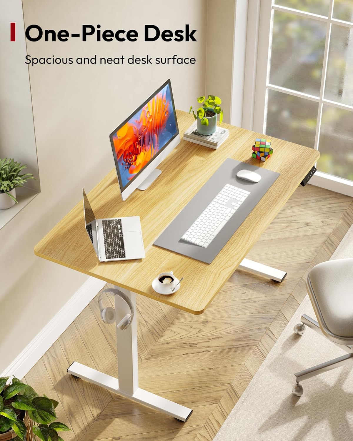 SANODESK Electric Standing Desk 48 x 30 Inches Whole-Piece Desktop Height Adjustable Stand Up Desk w/6-Button Controller Ergonomic Computer Desk for Home Office, White Frame + Natural Tabletop