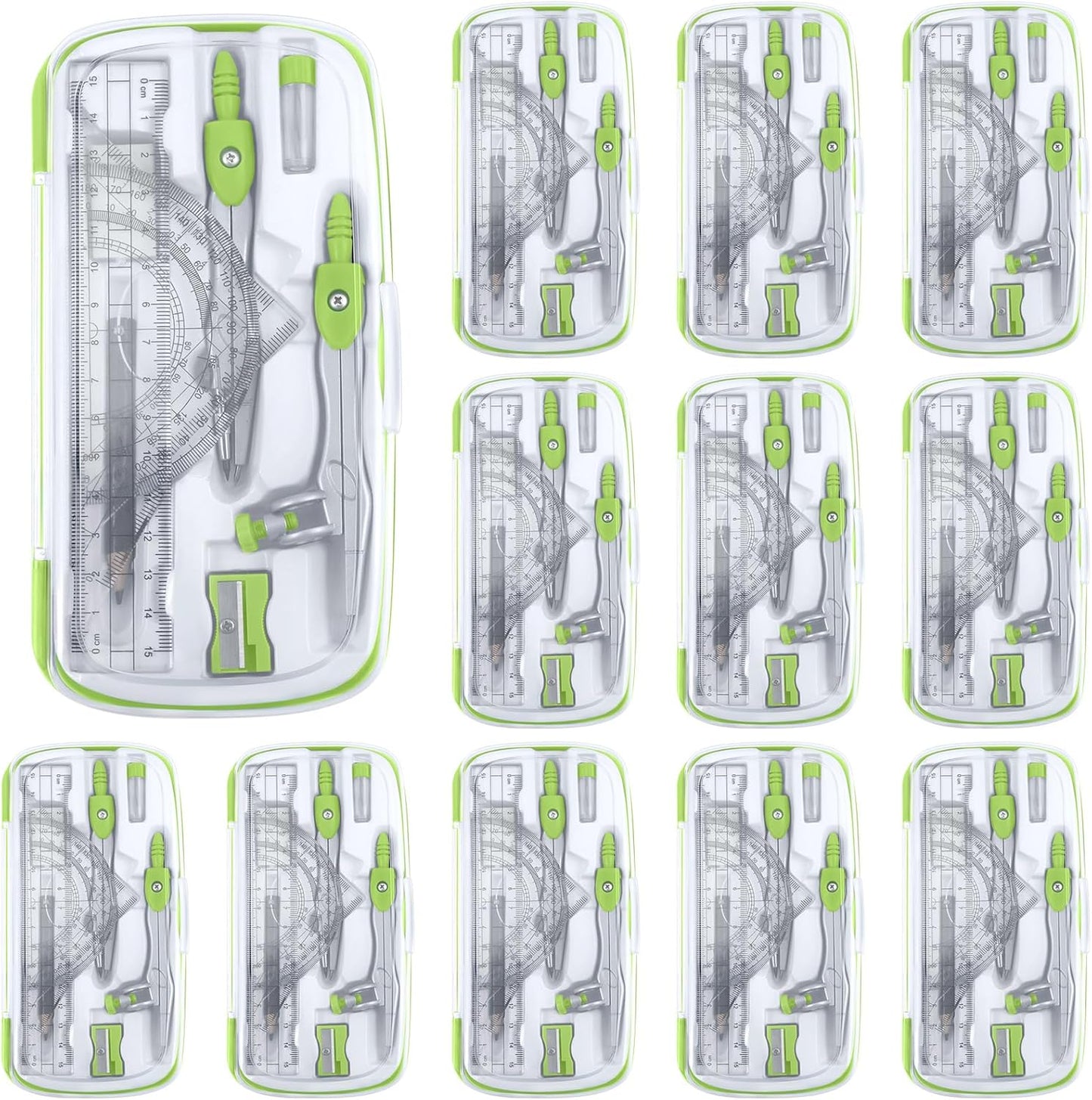 Teling 12 Sets Math Geometry Kit for Students 10 Pcs Compass Geometry Tools Set Includes Rulers Protractor Compass Eraser Pencil Sharpener Lead Refills Pencil (Green)