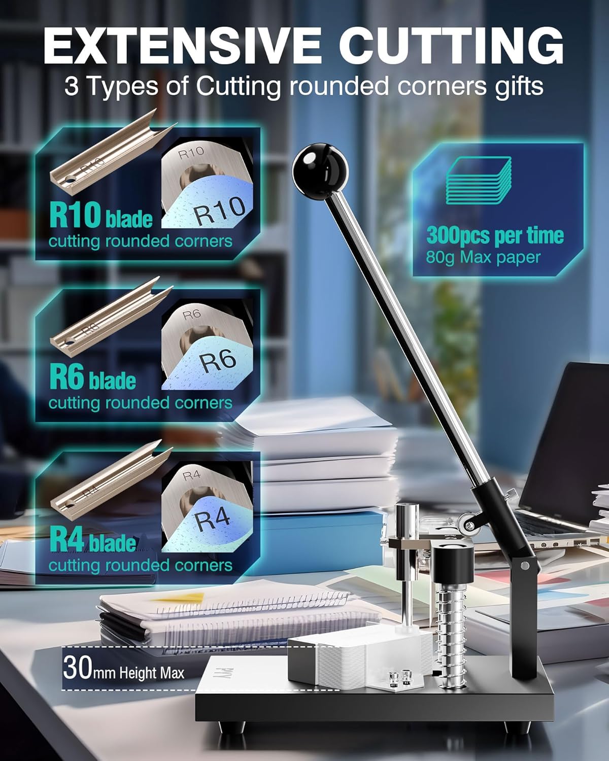 PYY Corner Rounder Punch Cutter - Round Edge Paper Cardstock Laminate Business Card Photo Crafting Tool Machine | 3 Dies R4mm R6mm R10mm Blades | Max 30mm/1.2" Cutting Thickness | Heavy Duty A3 Steel