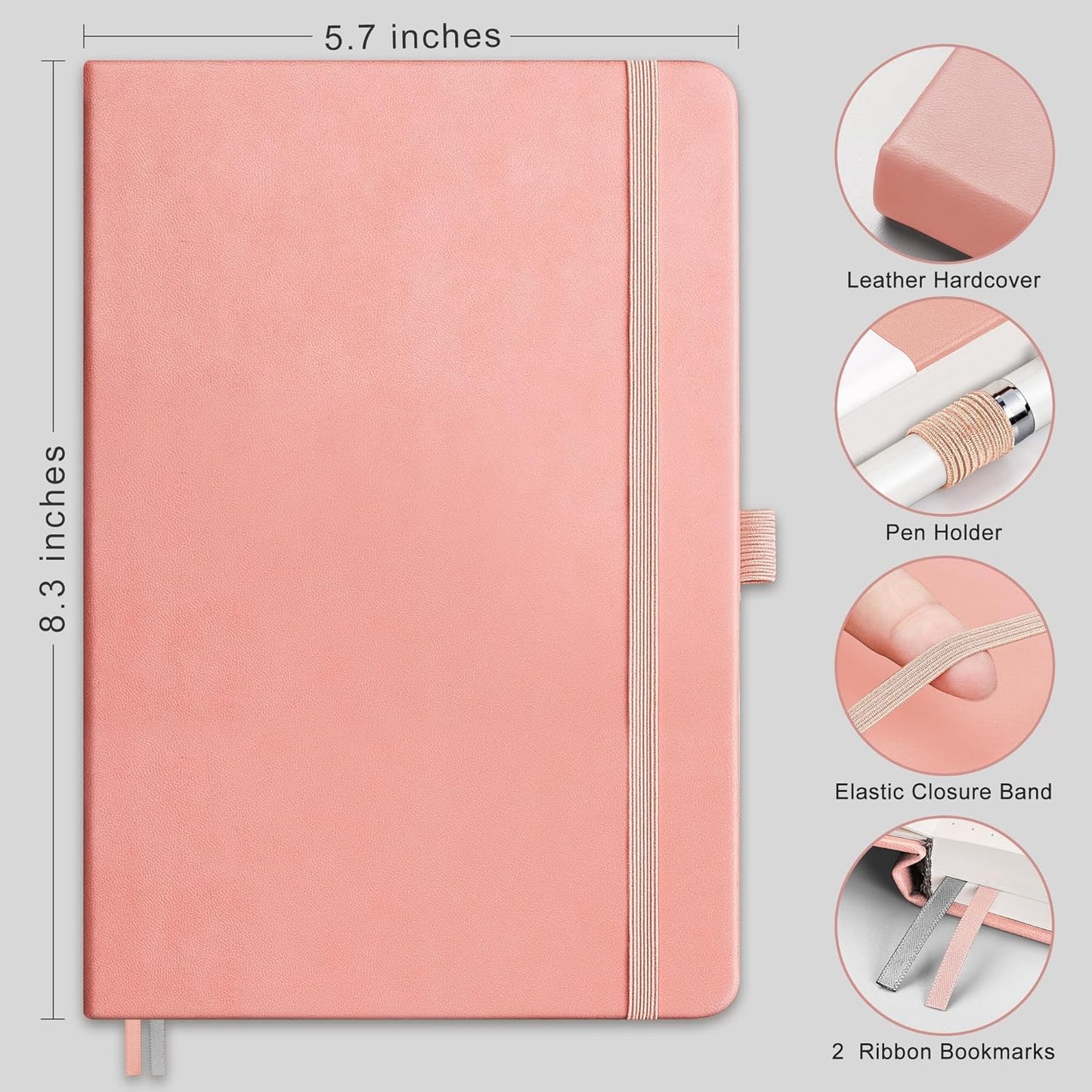 RETTACY Blank Journal Notebook, 192 Pages, A5 Medium Size (5.7'' x 8.3''), Leather Hardcover, 100 GSM Thick Paper, for Sketching, Drawing, Painting (Pink)