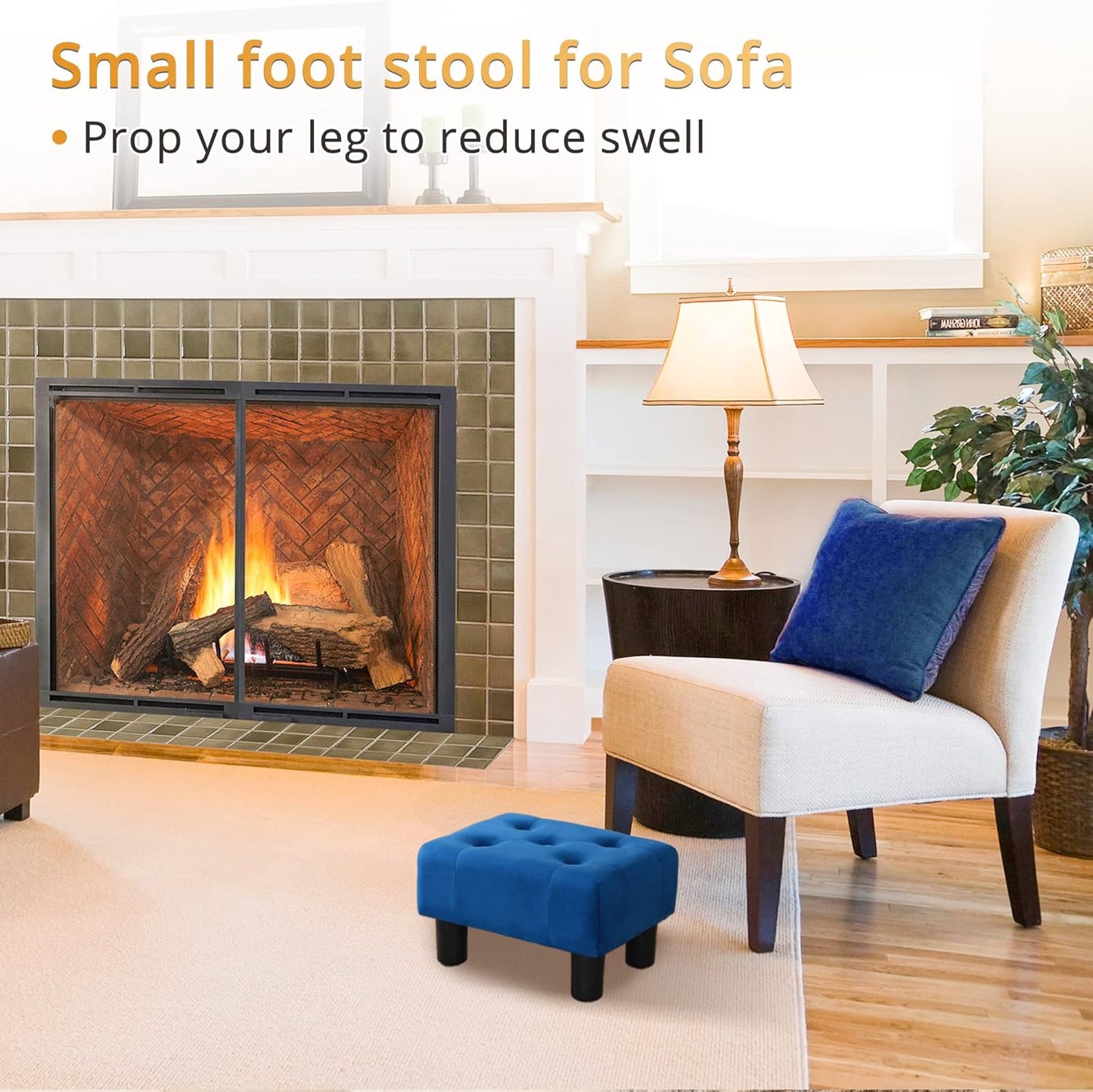 LUE BONA Small Tufted Foot Stool, Velvet Ottoman Elegant Foot Stools Ottoman with Plastic Legs, 9''H, Rectangle Footstool for Adult with Non-Slip Pads,Foot Rest for Living Room,Couch, Navy Blue