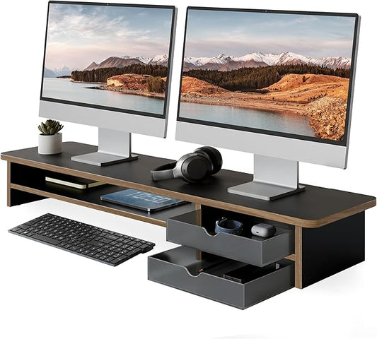 Fenge Monitor Stand, Dual Monitor Riser, 42.5inch Large Desk Computer Monitor Stand Riser with Drawer, 2 Tier Wood & Acrylic Desktop Organizer with Cable Management