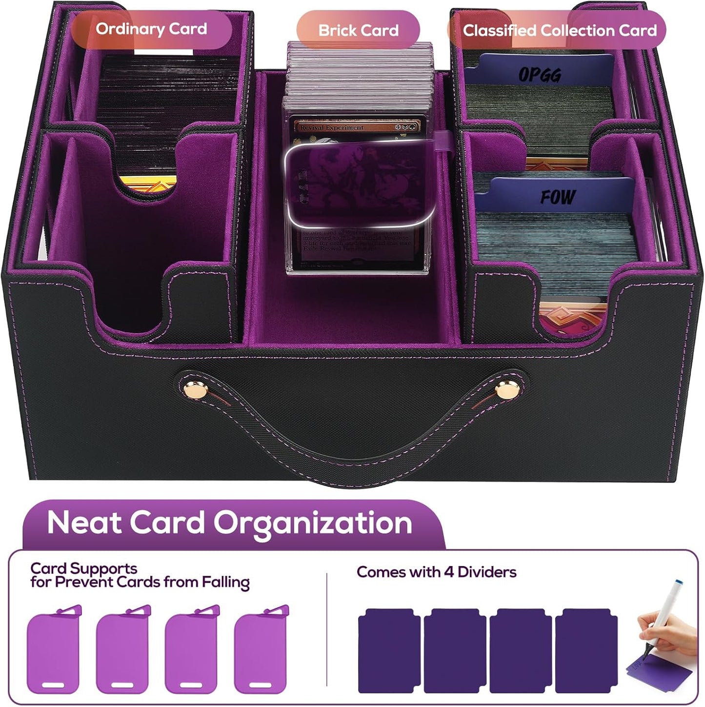 Trading Card Storage Box for MTG, card storage box with Commander Display，Multi-purpose Deck Case for MTG TCG Sports Card, 4 Toploaders, 4 Stoppers, 4 Colorful Dividers (Black & Purple)