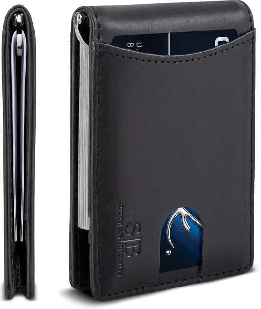 SERMAN BRANDS RFID Blocking Slim Bifold Genuine Leather Minimalist Front Pocket Wallets for Men with Money Clip Thin Gift
