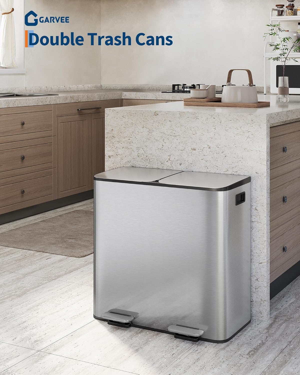 GarveeHome 2 x 10.6 Gallon Stainless Steel Double Trash Can with Lid for Kitchen, Large Dual Trash and Recycle Bin Combo, Step-on Kitchen Metal Garbage Cans, PP Inner Buckets, Liner Rim, Silver
