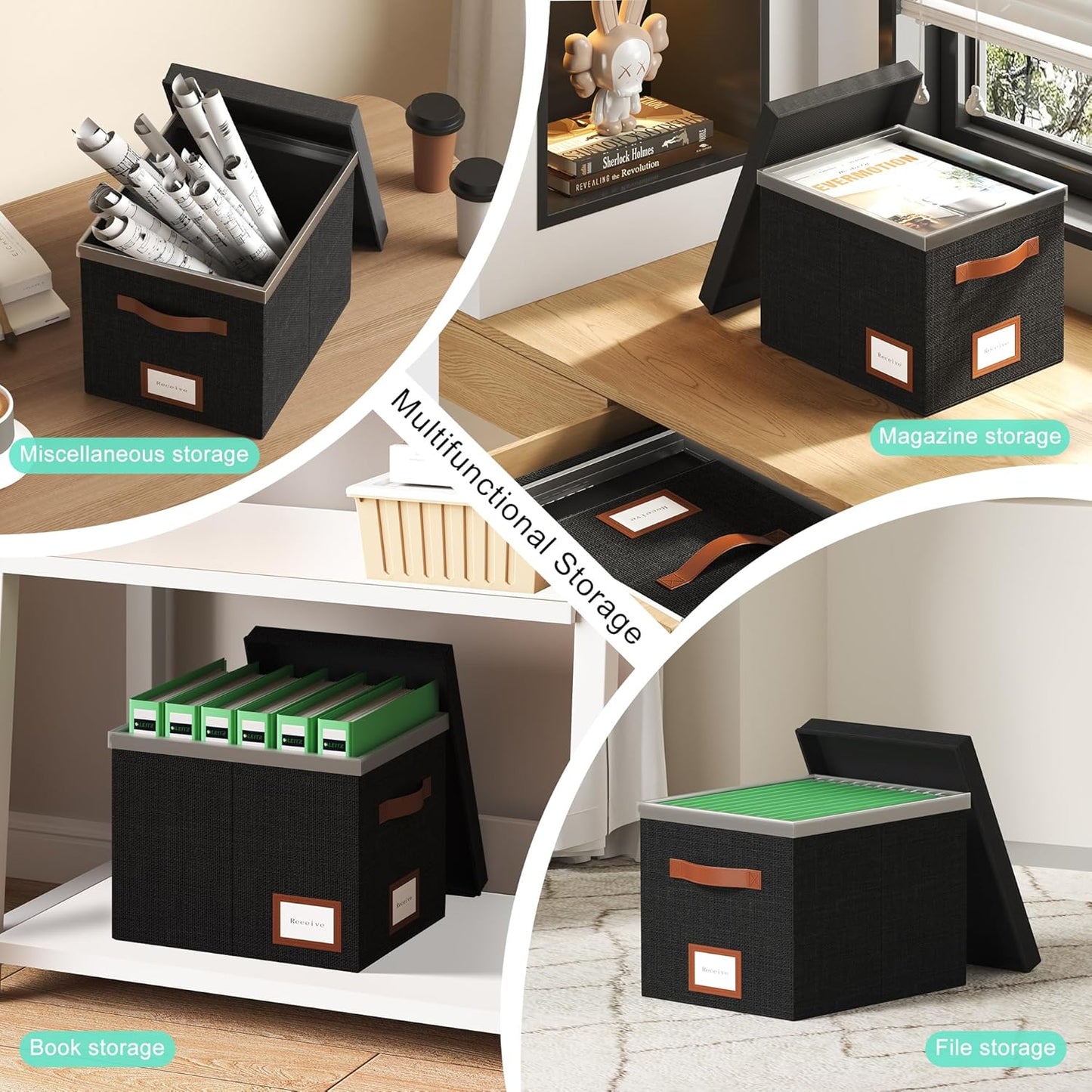 File Box for Hanging, File Organizer Box with Lid Decorative File Folders Organizer with One-Piece Integrated Plastic Slide Rail (Black, 13.2x10.1x10.1inch(2pack))