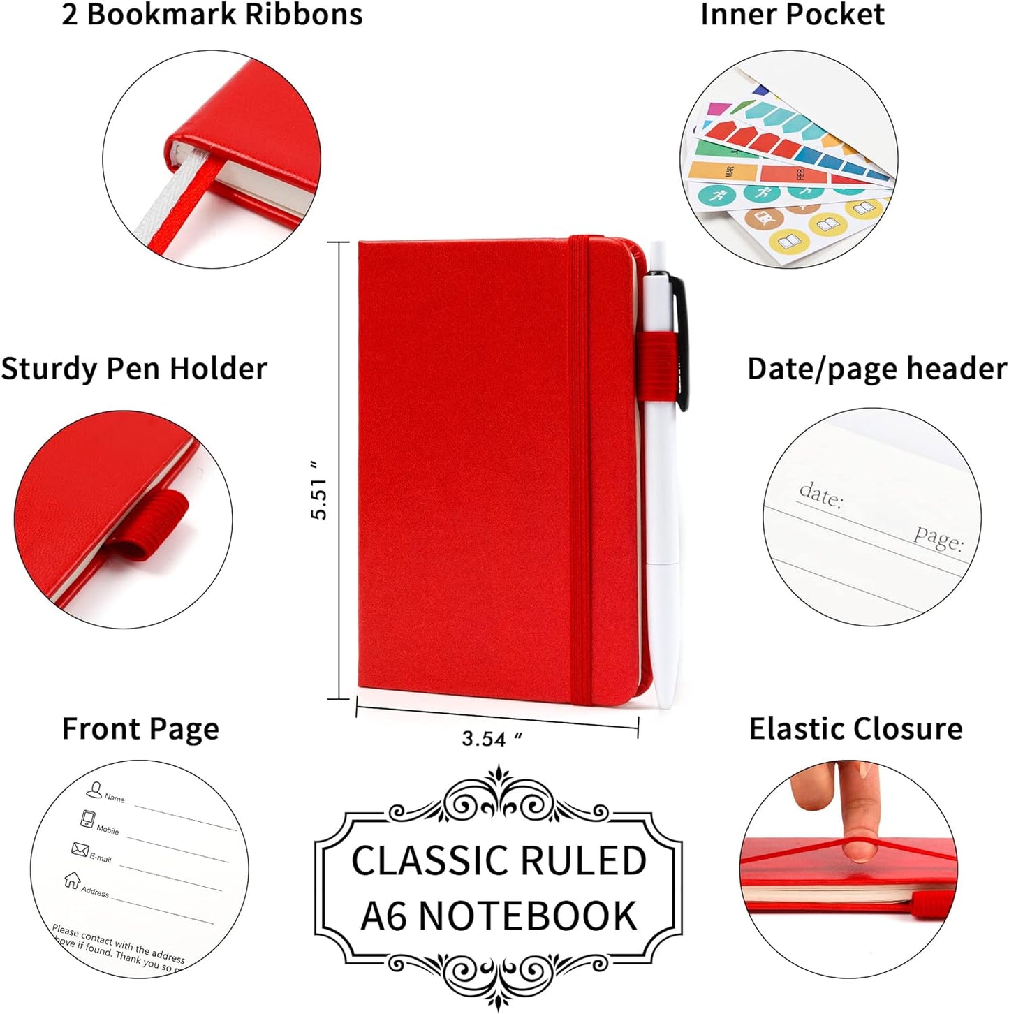 feela 6 Pack Pocket Mini Notebooks Bulk, Small Cute Memo Notepads Hardcover College Ruled Lined Journals with Pen Holder for School Business Work, with 6 Black Pens, 3.5”x 5.5”, A6, Red