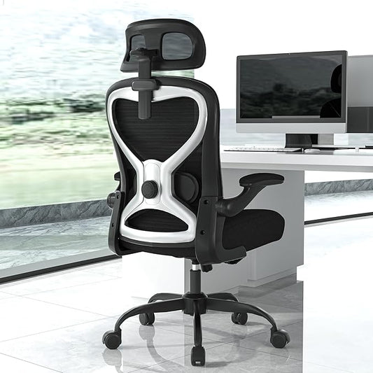 Ergonomic Office Chair, Mesh Desk Chair with Headrest, Lumbar Support, Thick Seat Cushion, Flip-up Arms, High Back Computer Task Chairs for Home Office (English, Black/Silver)