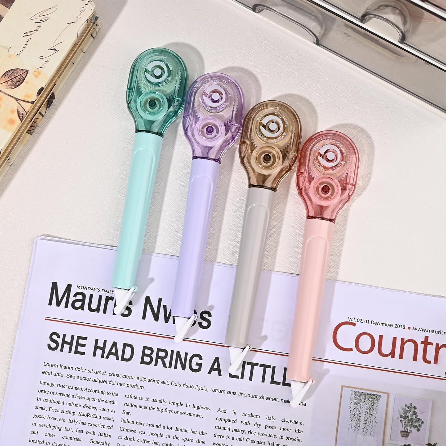 Temiary 4 Pcs White Correction Tape Pens, 6M/256" x 0.2" Smooth Pull Out Tape Pen, Easy to Use Applicator for Instant Corrections Back to School Office Supplies (Morandi)