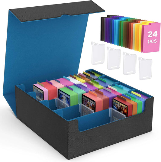 MoKo Trading Card Storage Box, 3000+ MTG Deck Box with 24 Colorful Dividers & 4 Card Supporters, Commander Card Deck Case Fits for Magic Game Cards, YugiOh, TCG, PTG and Sport Cards, Cyan