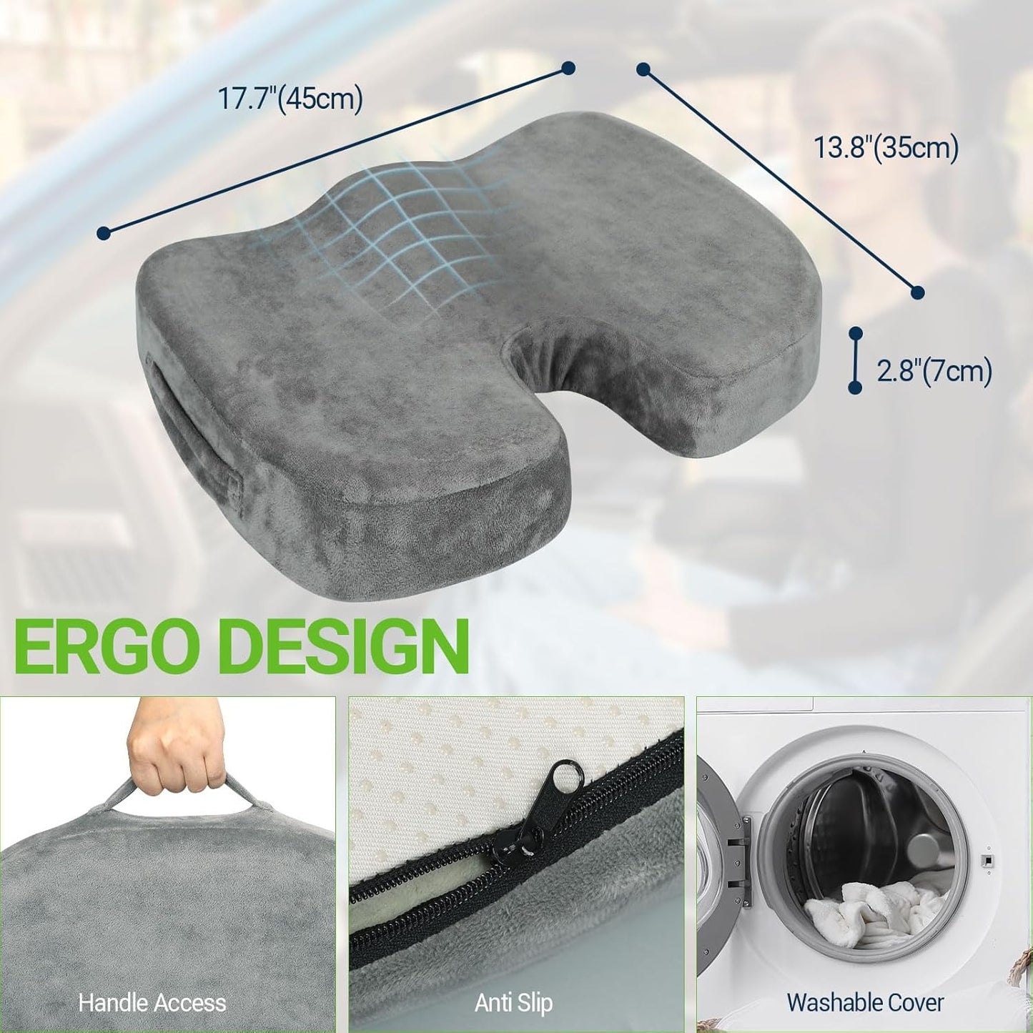 Gel Seat Cushion – Office Chair Cushion – Non-Slip Gel Memory Foam Coccyx Cushion for Tailbone Pain - Desk Chair Car Seat Cushion Driving - Sciatica Back Pain Relief, Velvet, Grey