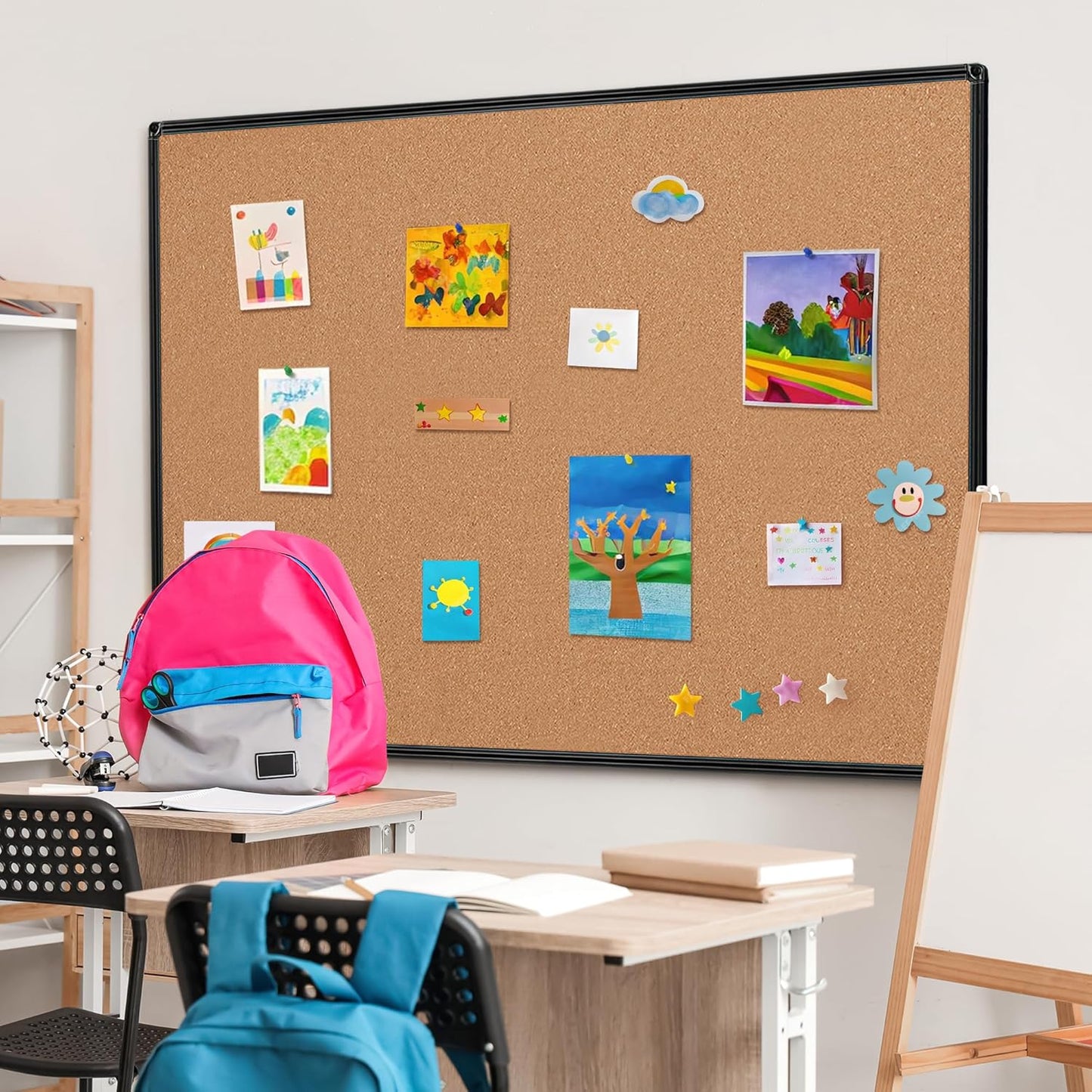 Board2by Extra Large Cork Bulletin Board 60" X 36", Black Aluminum Framed 5'x3' Corkboard for Wall, Wall Mounted Notice Pin Board with 18 Push Pins for School, Home & Office