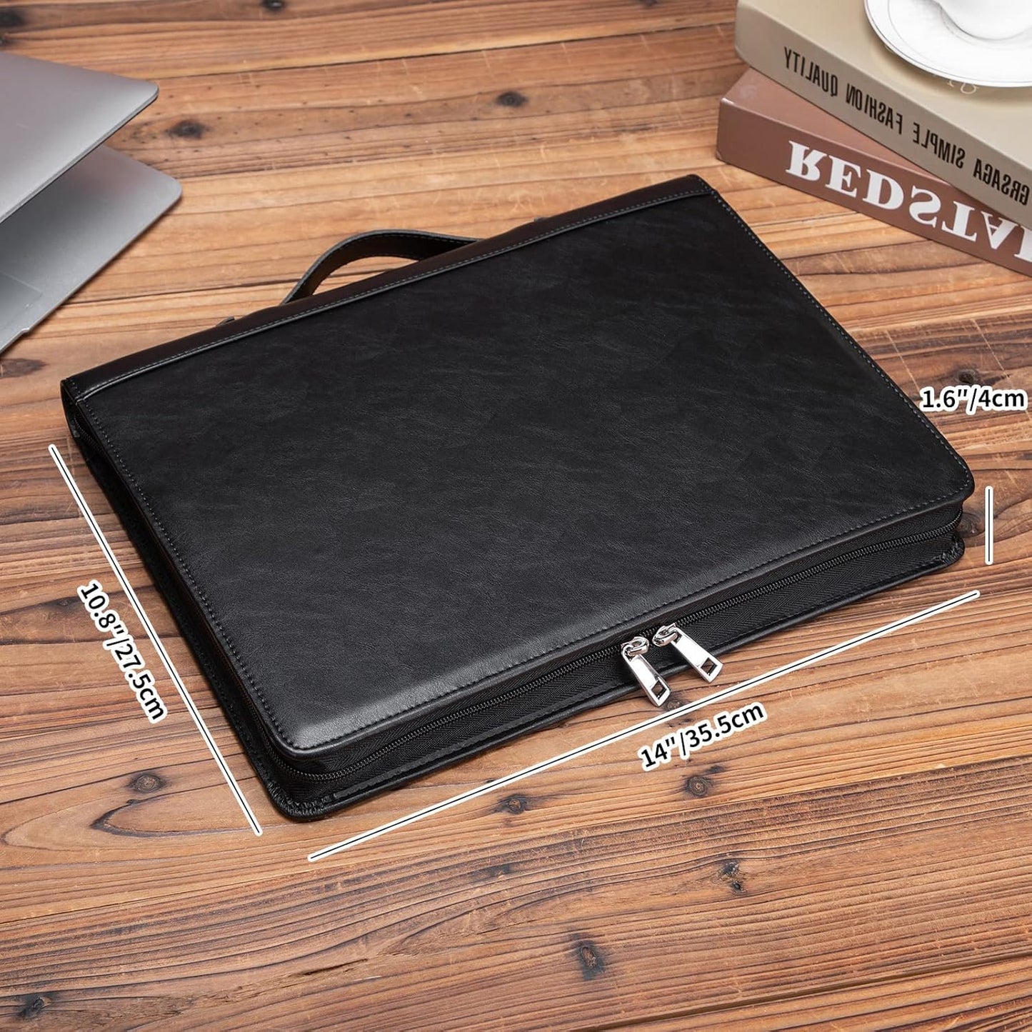 Vegan Leather Portfolio 3 Ring Binder with Clipboard, Hidden Handle, 8.5 x 11 Zippered Padfolio, Business Organizer Professional Executive Folio for Men and Women, Black