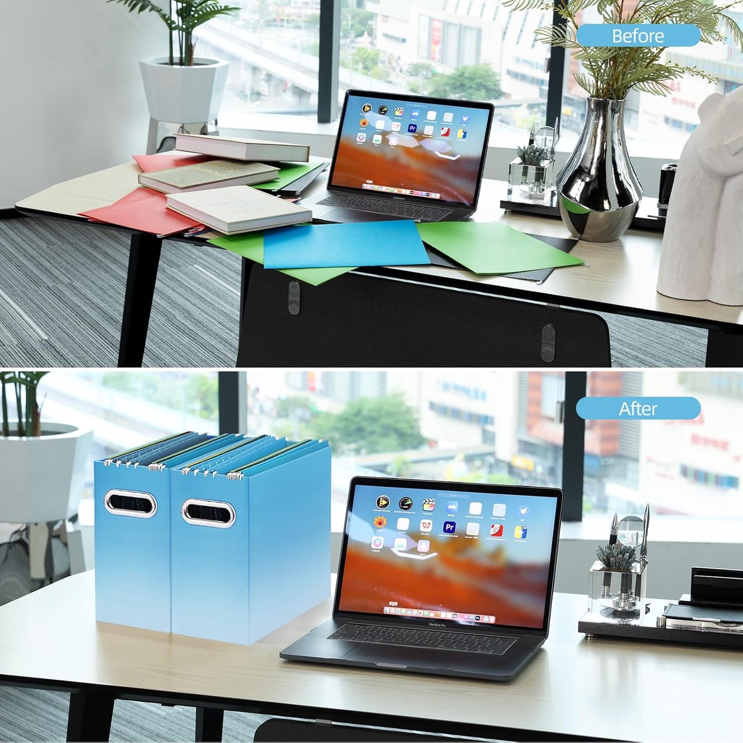 Oterri File Organizer, 2 Packs Small Storage Box, Cardboard File Folder Organizer, Collapsible File Box for Hanging File Folders Letter Size, Portable Filing Organizer (Gradient Light Blue)