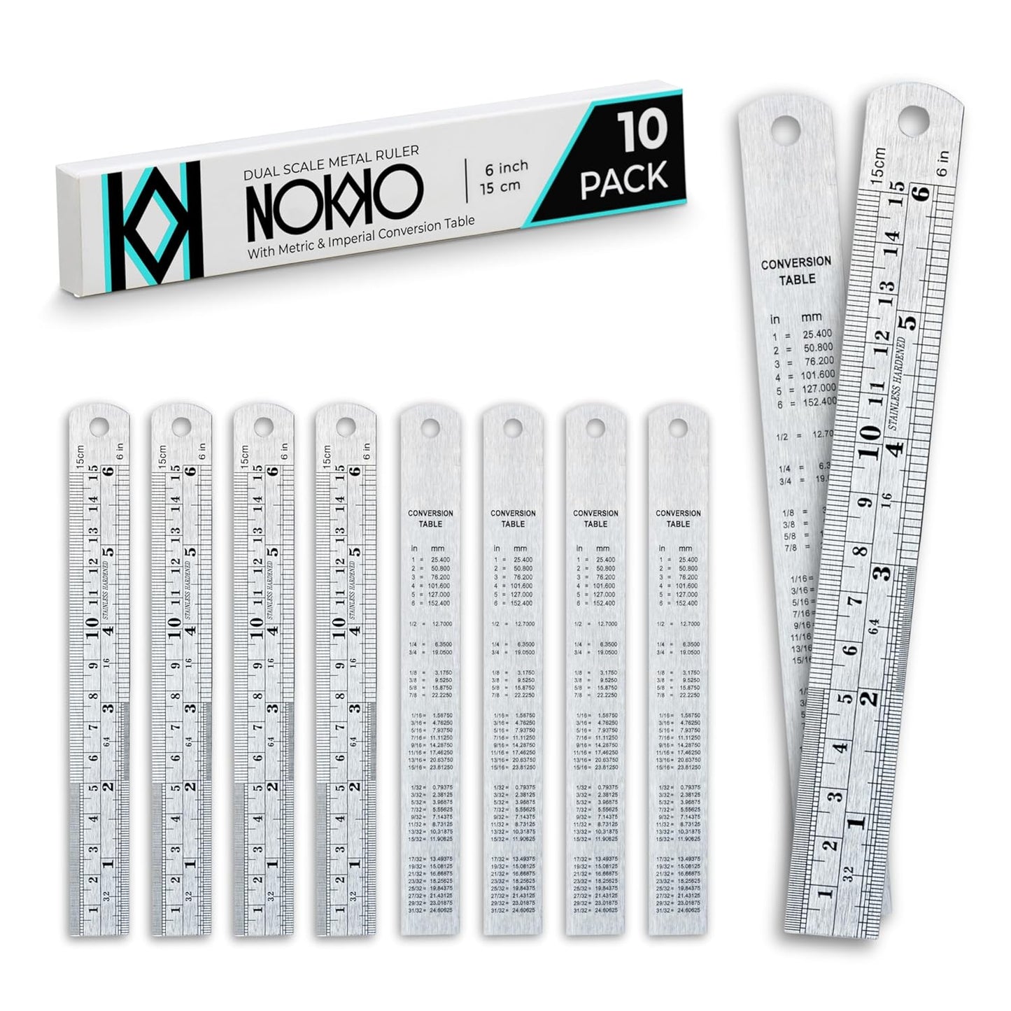 6 Inch Metal Ruler Bulk Set - 10-Pack of Compact 6 Inch / 15cm Stainless Steel Rulers - Precise Edge-Starting Imperial & Metric Measurements - Essential for Classrooms, Workshops, and Offices