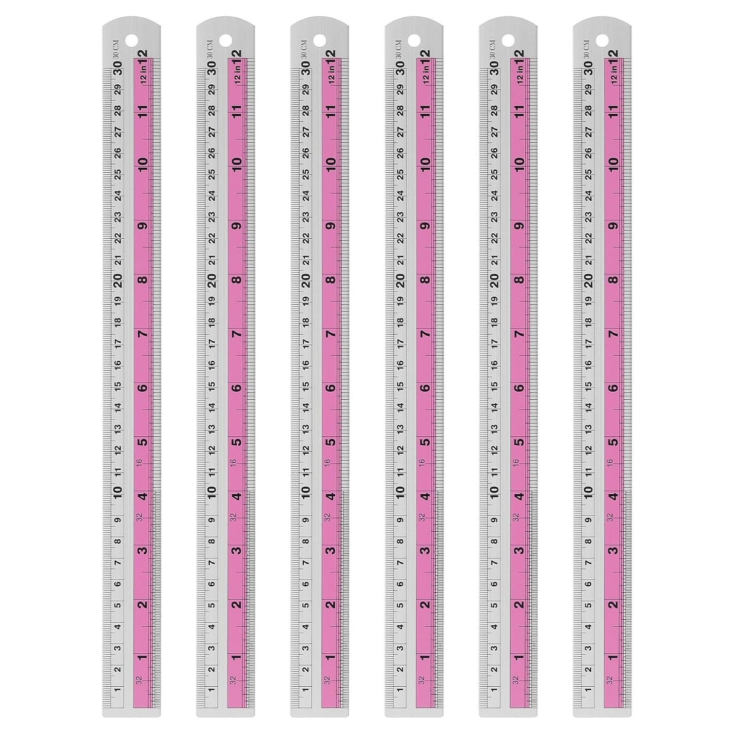 HARFINGTON 6pcs Metal Straight Ruler 30cm Metric SAE Aluminum Alloy Measuring Rulers Scale Tools with Hole for Measure Study Reading Classroom Office, Pink