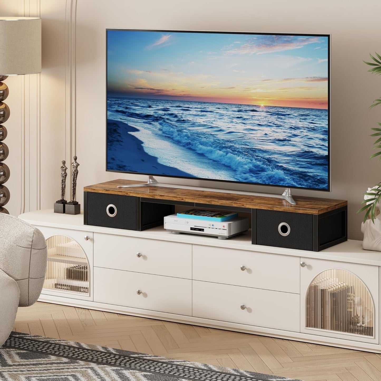 45" Large TV Riser with Fabric Drawers for 32-60 inch TV, TV Stand Riser with Steel Legs, Tabletop TV Riser Shelf, Monitor Stand Riser for Home Office, Rustic Brown