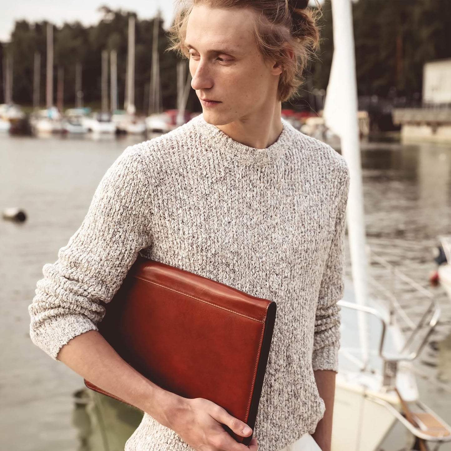 Time Resistance Leather Portfolio - A4 Document Folder - Italian Handcrafted Padfolio Organizer (Cognac Brown) - Gift Box Included