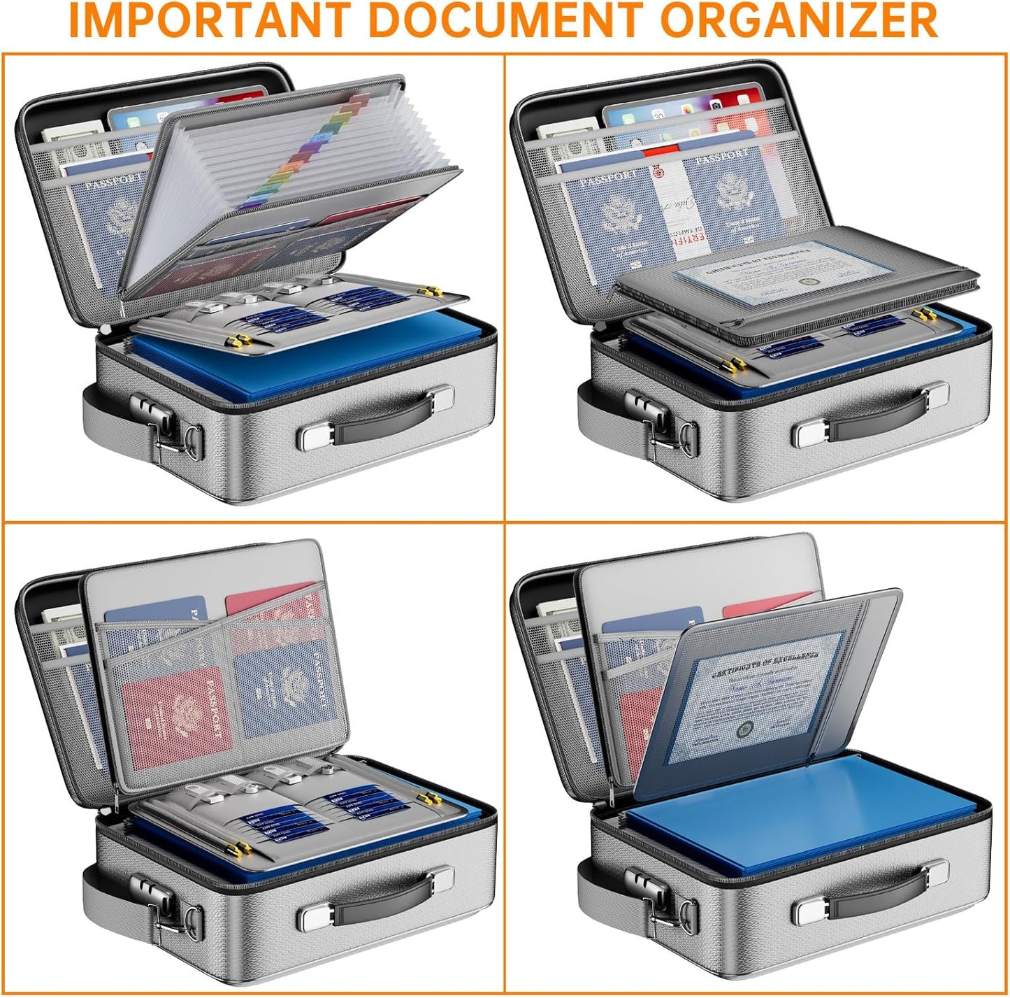 DocSafe Fireproof Document Box with Lock＆Shoulder Strap,Hard Case File Organizer with Accordion File Folder,Multi-Layer Portable Home Office Travel Safe Storage for Important Documents Laptop Silver