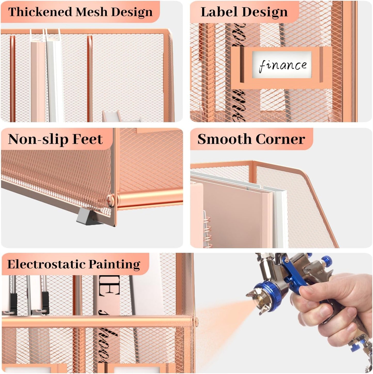 SUPEASY Desk Organizers Metal Desk Magazine File Holder with 5 Vertical Compartments Rack File Organizer for Office Desktop, Home Workspace, Rose Gold, Plus