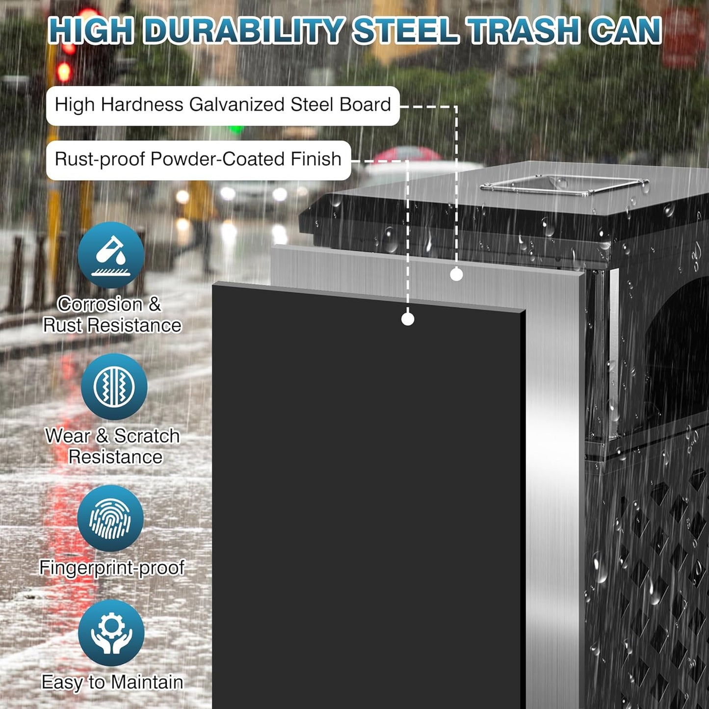 IRONWALLS Indoor/Outdoor Trash Can with Lid, Heavy Duty Steel Garbage Can with Removable Bin, Locking Lid, 16”x16”x35.4” Dual Sided-Open Commercial Trash Can Large for Patio, Backyard, Office, Black