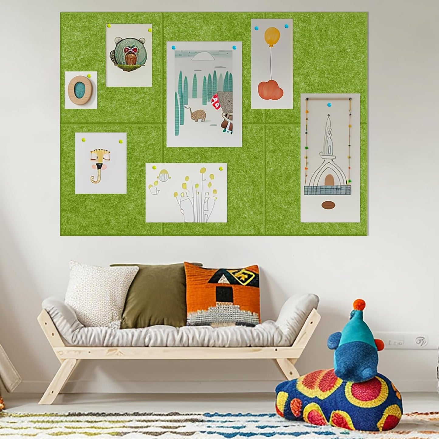 AKTOP Cork Board Bulletin Board 24"x36", 6 Pack Removable Felt Cork Board Tiles for Wall, Large Corkboard Notice Pin Board for Office, School & Home,24 Safe Adhesive Tabs, 20 Push Pins, Grass Green