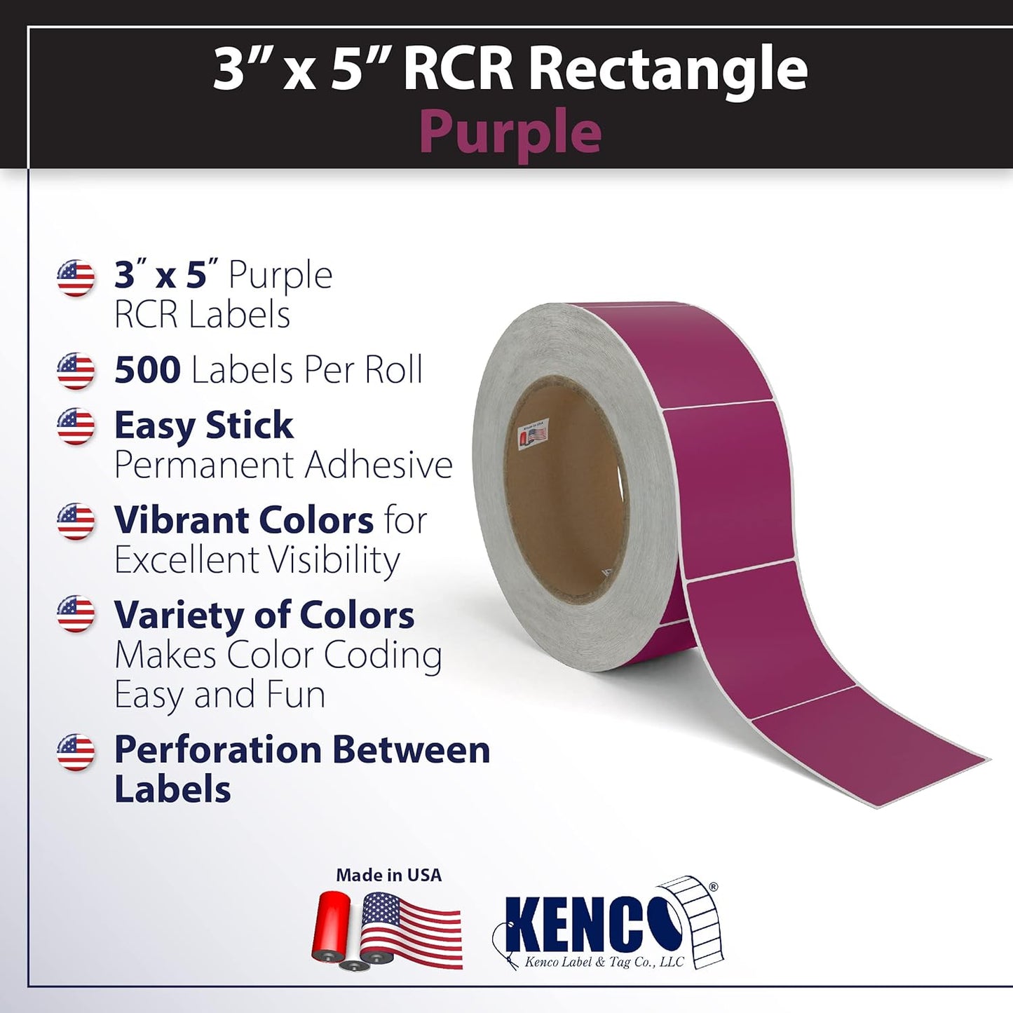 Kenco Color Coding 3 X 5 Rectangle Labels, Inventory Control Stickers 500 Labels Per Roll, Made in The USA (Purple)